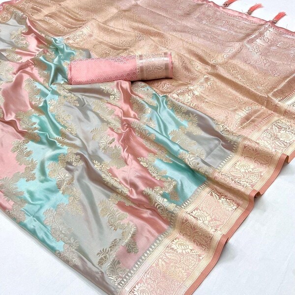 Handloom Banarasi satin silk saree  with Rangkat satin handloom weaving all over the saree paied with satin silk blouse .| peach green