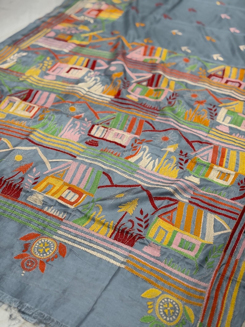 Hand Stitched Kantha Silk Saree | Multi Thread Kantha Stitching ...