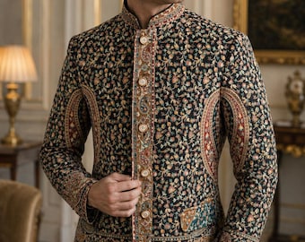 Chaqueta estilo Kani kalamkari Jamawar Jodhpuri para hombre, tejido Paisley