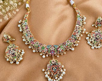 Navratan Jadau Halsketten-Set | Handgemachte Gold Farbe, Hochzeitsschmuck