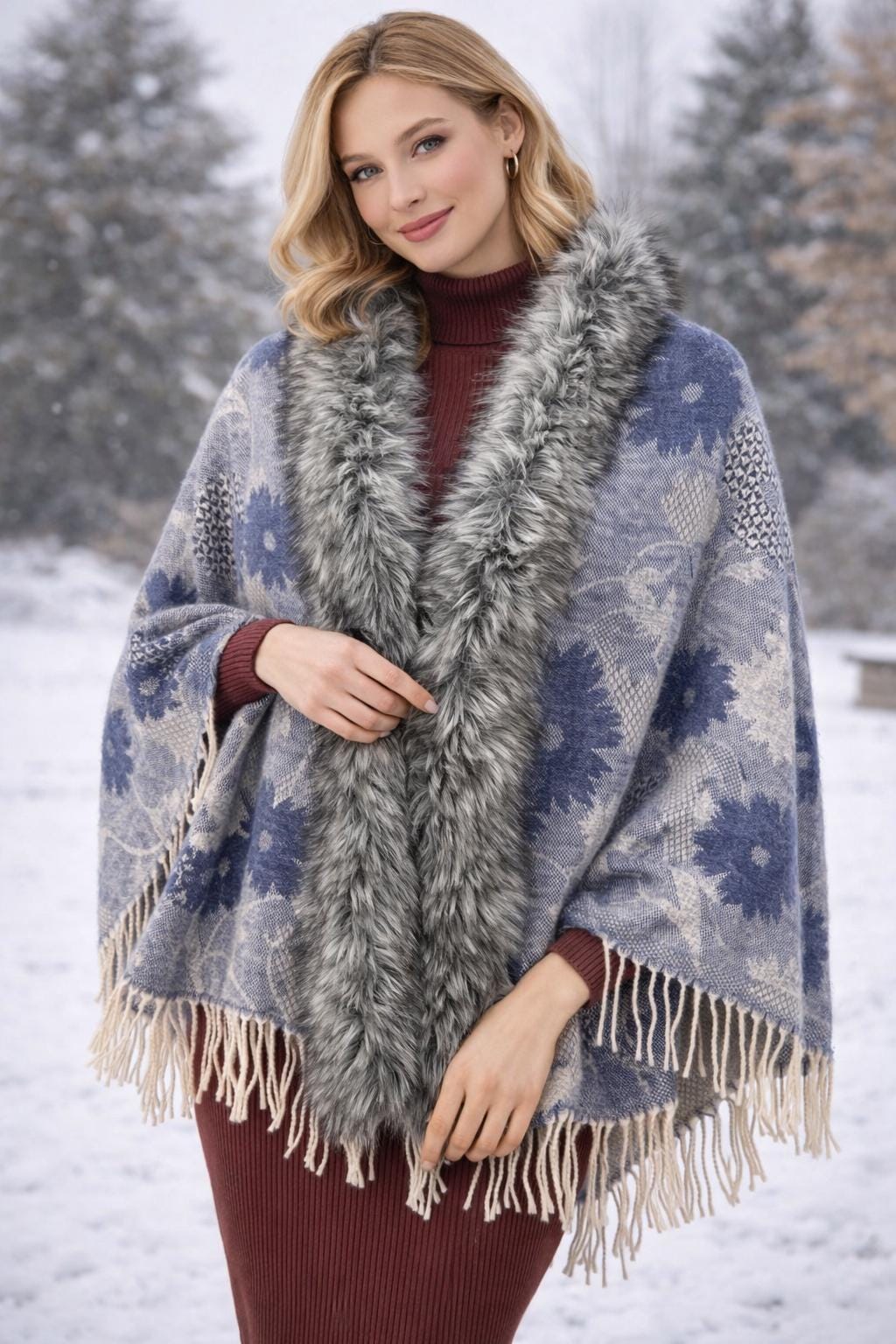 Russian Made Hood Paisley Fabric Silver Fox Fur Matching Mittens And Face Mask Silver Fox Fur Costume with Boots – Samaras Furs main image 3