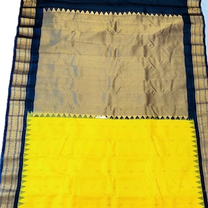 Sari de seda Gadwal de tear manual puro | 100% seda pura | Silk Mark Certified | Amarelo brilhante com borda preta