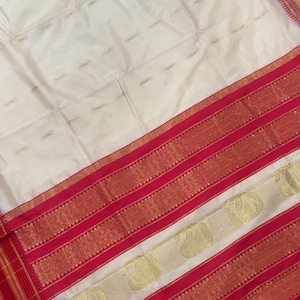 Original Narayan Peth Silk Saree from Yeola(With Unstitched Blouse Piece) - Pearle white | Carrot Red Border Pallu