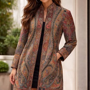 Woven Jacket, Kani Embroidered Coat | 100% Wool Lined | Sizes 40 42 44 46, 38.5 Inch Length