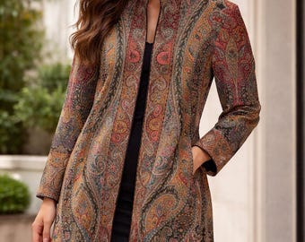 Woven Jacket, Kani Embroidered Coat | 100% Wool Lined | Sizes 40 42 44 46, 38.5 Inch Length
