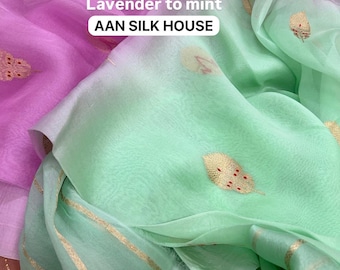 Handloom Banarasi Kora Organza Saree - Mint Green, Lavender Zari