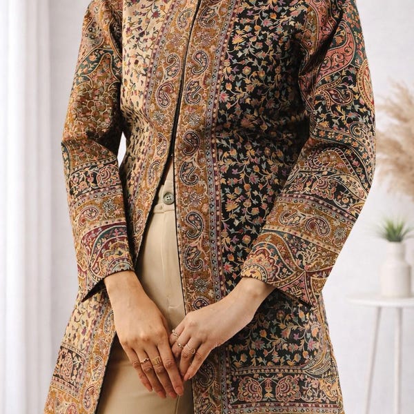 Kani Kalamkari Wool Jacket | Kashmir Artwear, Size 44/46/48