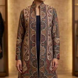 May include: A long, open-front coat with a high collar. The coat features an intricate paisley pattern in shades of brown, red, blue, and green. The coat is worn over a dark top and pants, creating a layered look.