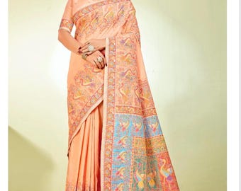 Sari en soie Kani du Cachemire | Soie et coton de luxe | Volume - Shahi Palla | Broderie fine | Tenues de soirée