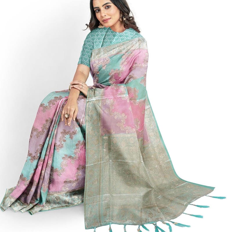 Women's Satin Silk Lavender Embellished Designer Saree With Blouse Piece