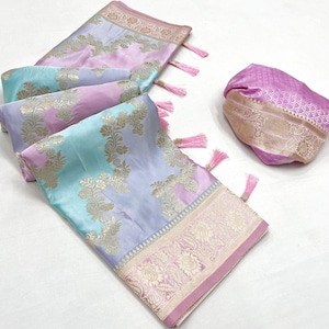 Banarasi satin silk saree  with Rangkat handloom weaving all over the saree | paired with satin silk blouse | Pink Powder Blue Gray