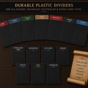 Pode incluir: Um conjunto de divisores de cartas de plástico preto com etiquetas superiores coloridas contendo textos como Lands, Islands, Forests, Plains, Mountains, Swamps, Double-Faced Cards, Backgrounds, Split Cards, Emblems, Vehicles, Sagas e Conspiracies.