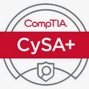 May include: CompTIA CySA+ certification logo. The logo is a gray circle with a white background. The circle has a gray shield with a magnifying glass inside. The text "CompTIA" is in gray text above the shield. The text "CySA+" is in red text on a red banner above the shield.