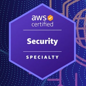 Könnte beinhalten: Ein lila-weißes AWS Certified Security Specialty-Abzeichen. Das Abzeichen hat eine sechseckige Form mit den Worten "aws certified" oben und "Security SPECIALTY" in der Mitte. Der Hintergrund ist dunkelblau mit weißen Punkten und einem hellblauen Design.