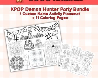 KPOP Demon Hunter Birthday Party Bundle | Personalized Activity Placemat & Coloring Pages (Digital Download)