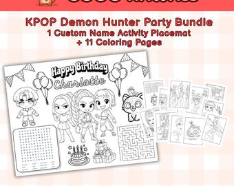 May include: A black and white KPOP Demon Hunter Party Bundle with a custom name placemat and 11 colouring pages. The placemat features cartoon characters, a word search, and a maze. The words "Happy Birthday Charlotte" are visible.