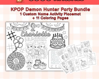 Podkładka urodzinowa KPOP Demon Hunters | Niestandardowa nazwa + 11 kolorowanek (do pobrania w wersji cyfrowej)