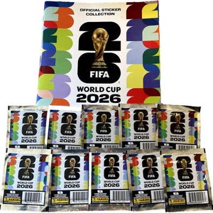 May include: A collection of FIFA World Cup 2026 stickers and an official sticker collection book. The book has a colorful design with the text "OFFICIAL STICKER COLLECTION" and "FIFA WORLD CUP 2026". The sticker packets feature the FIFA logo and the World Cup trophy.