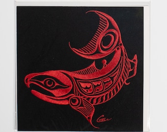 May include: Red embroidered patch of a stylized salmon on a black background. The patch is labeled "Golden Top Embroidery Patch" and "Made in Canada".