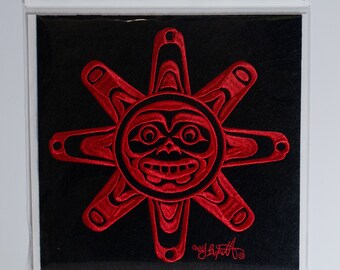 Haida 'Sun' Indigenous Design by Corey Bulpitt | Iron-On 19cm Embroidered Patch | Applique | Pacific North West Coast Native Art | Gift for