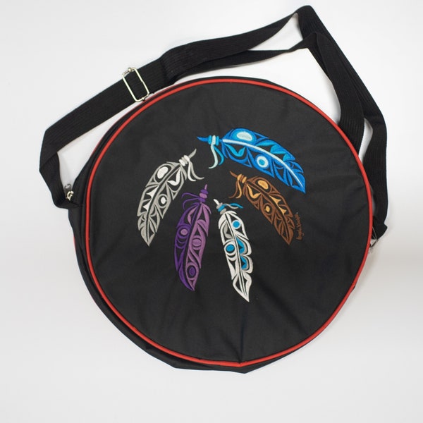 Coast Salish 'Feather' Embroidered Indigenous Design by Angela Kimble | 17" Drum Bag w/ Strap | Pacific Northwest Coast Native Art | Gift
