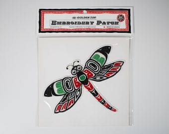 May include: An embroidered patch featuring a black, red, and green dragonfly with a stylized design. The patch is on a white background and has the text "Golden Top Embroidery Patch" at the top.