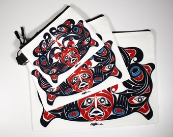 Design indigène Nuxalk « Sisiutl » par Chazz Mack (fr) | Ensemble de 3 pochettes à glissière | Art autochtone de la côte nord-ouest du Pacifique | Toile semblable à celle d'une toile | Cadeau pour