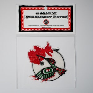 First Nation &#39;Hummingbird&#39; Design by Gene Suyu | Iron-On 9.5cm Embroidered Patch | Hummingbird Colibri | Pacific North West Coast Native Art