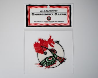 First Nation 'Hummingbird'-ontwerp door Gene Suyu | Opstrijkbare geborduurde patch 9,5 cm | Kolibrie Colibri | Inheemse kunst aan de noordwestkust van de Stille Oceaan