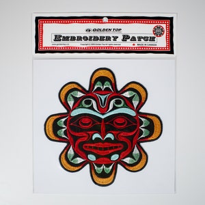 Coast Salish &#39;Sun&#39; Indigenous Design von Joe Williams | Bügelbild 18 cm Aufnäher | Applikation | Abzeichen | Indianische Kunst der Pazifischen Nordwestküste