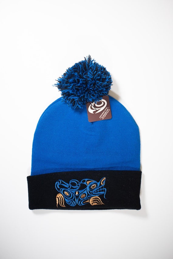 Coast Salish 'wolf' Embroidered Design by Joe Wilson Pom Pom Toque