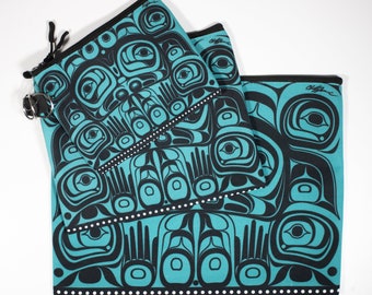 Design autochtone Nuxalk « L'esprit de Nuxalk » par Chazz Mack | Ensemble de 3 pochettes à glissière | Art autochtone de la côte nord-ouest du Pacifique | Toile | Cadeau pour