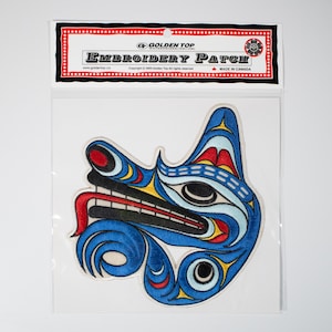 Coast Salish &#39;Wolf&#39; Indigenous Design by Joe Wilson | Iron-On 20cm Embroidered Patch | Decorative Patch | Pacific North West Native Art