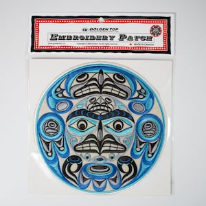 Coast Salish &#39;Thunderbird & Moon&#39; Indigenous Design by Joe Wilson | Iron-On 20cm Embroidered Patch | Pacific North West Coast Native Art