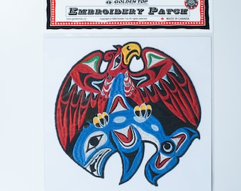 Coast Salish 'Thunderbird & Killerwhale' inheems ontwerp door Douglas LaFortune | Opstrijkbare geborduurde patch 18 cm | First Nations | Inheems: