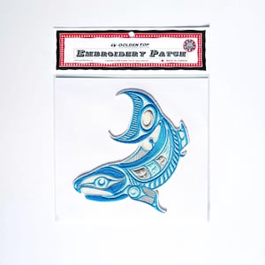 ""Lachs"" Design von Gene Suyu | Bügelbild 18 cm Aufnäher | Dekorativer Aufnäher | Jacke Aufnäher | Indianerkunst des pazifischen Nordwestens