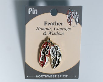 Coast Salish 'Feather' inheems ontwerp door Angela Kimble Pacific West Coast Native Art | Emaille pin | Badge |  Hoed rugzak broche | Cadeau