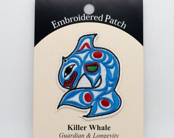 Coast Salish 'Orca' Design by Angela Kimble | Iron-On 6 cm Embroidered Patch | Decorative Patch | Pacific North West Coast Native Art | Gift