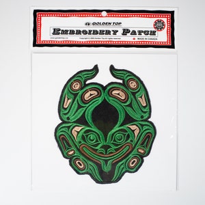 Indigenous &#39;Frog&#39; Design by Gene Suyu | Iron-On 18cm Embroidered Patch | Decorative Patch | Applique | Pacific North West Coast Native Art