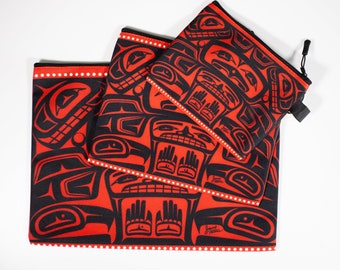 Salish 'Longhouse' Indigenous Design by Jason Peters | Zippered Pouch Set of 3 | Pacific Northwest Coast Native Art | Canvas-like | Gift for