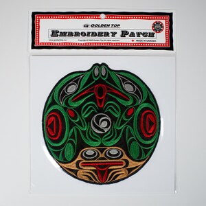 Salish &#39; Sharing Frog&#39; Indigenous Design by Phillip Joe | Iron-On 18cm Embroidered Patch | Decorative Patch | Pacific Northwest Coast Native