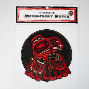 First Nations &#39;Raven&#39; Design by Gene Suyu | Iron-On 18cm Embroidered Patch | Decorative Patch | Badge | Pacific North West Coast Native Art