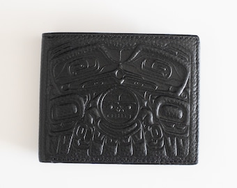 Coast Salish &#39;Northern Eagle&#39; Indigenous Design by Francis Horne Sr. | Embossed Top Grain Leather Bi-fold Wallet | Pacific North West Native