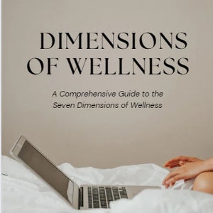 May include: An ebook cover titled "DIMENSIONS OF WELLNESS" with the subtitle "A Comprehensive Guide to the Seven Dimensions of Wellness." A laptop is open on a bed with white linens. The author's name, LEEN AHMED, is at the bottom.