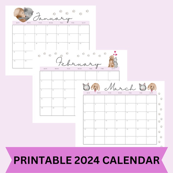 2024 Cat and Dog Calendar | Printable Horizontal | Sunday Start | Pet Lovers