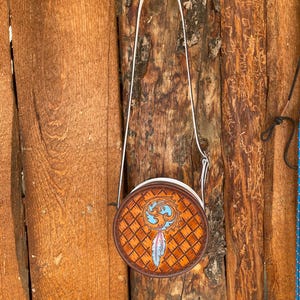 10&quot; Floral / Feather Tooled Canteen Purse with Cowhide Back Pocket