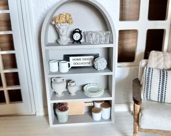 Dollhouse Miniature faux concrete arched bookshelf; 1:12 scale arched bookshelf living room doll furniture