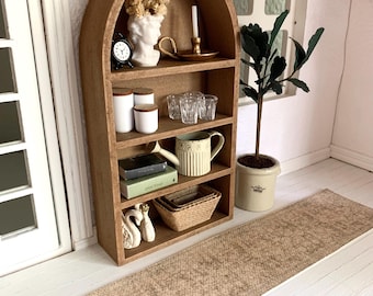 dollhouse miniature faux wooden arched bookshelf; 1:12 scale living room doll furniture