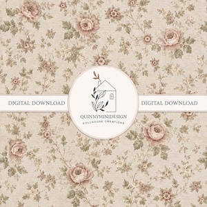 May include: A digital download wallpaper featuring a repeating floral pattern with muted pink roses and green leaves on a beige background. A central circular logo displays a house icon with foliage and the text QUINNYMINIDESIGN DOLLROUSE CREATIONS.