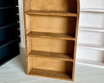 dollhouse 1:6 Barbie scale miniature faux wooden arched bookshelf; Barbie living room furniture; Barbie sized decor
